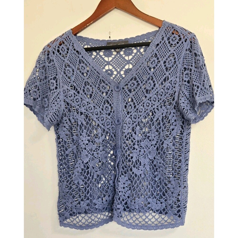 Hanna Gracie Blouse Womens M Blue Crochet Layering Boho Coastal Beach Nautical